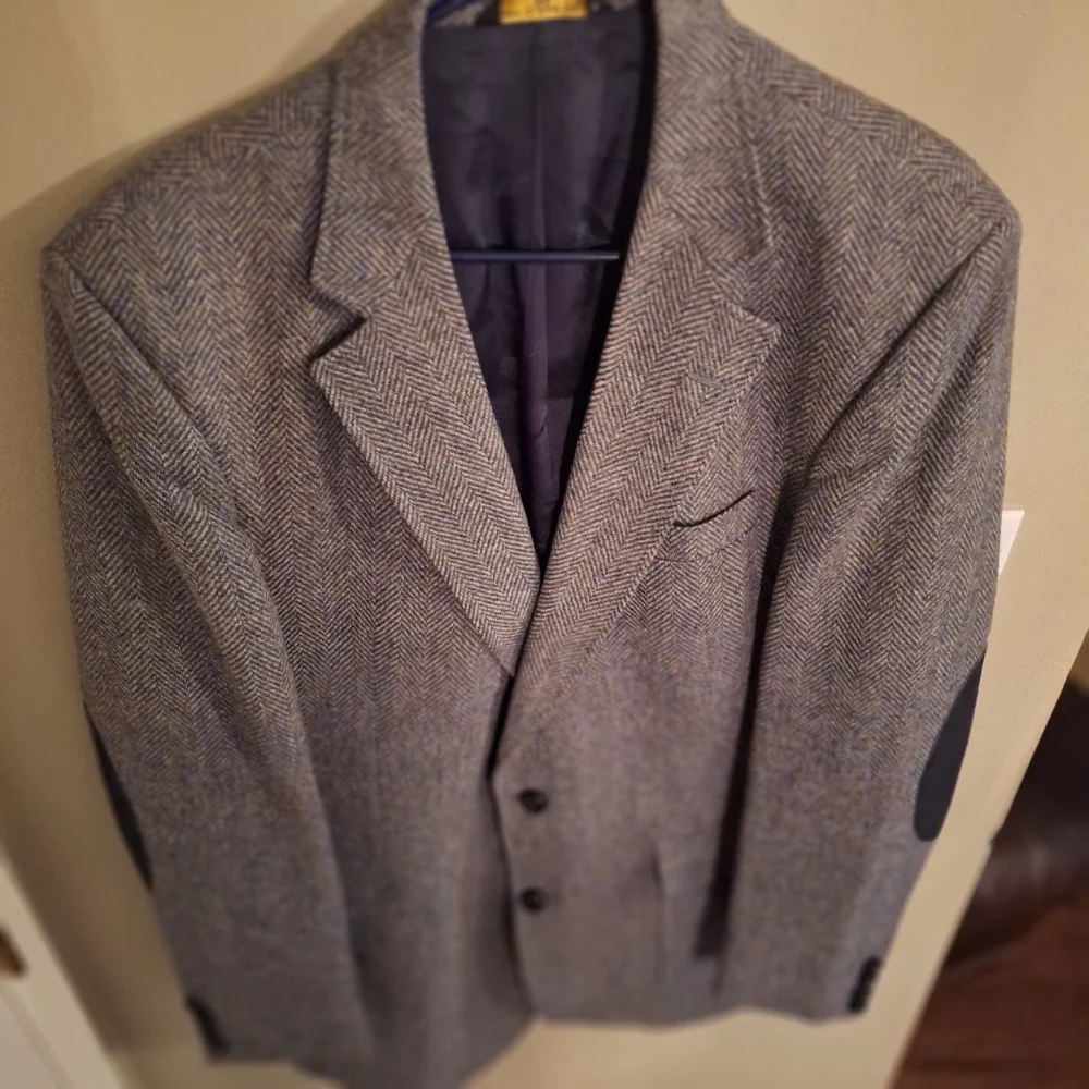Vintage Gray Wool Herringbone Suit Coat Blazer with Elbow Patches 44 L